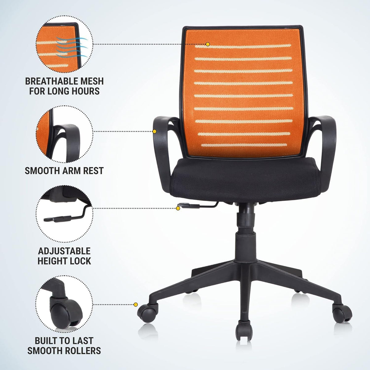 SmileSellers Boom Ergonomic Mesh Mid-Back Office Chair with Adjustable Height, Tilt Lock, Cushioned Seat & Heavy-Duty Revolving Base | Comfortable Desk Chair for Work from Home, Study & Office Use