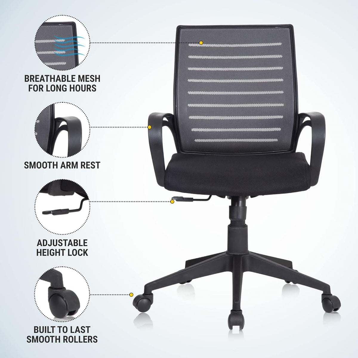 SmileSellers Boom Mesh Mid-Back Ergonomic Desk Office Chair with Tilting Mechanism, Comfortable Seat, and Revolving Heavy Duty Metal Base | Ideal for Work from Home & Study