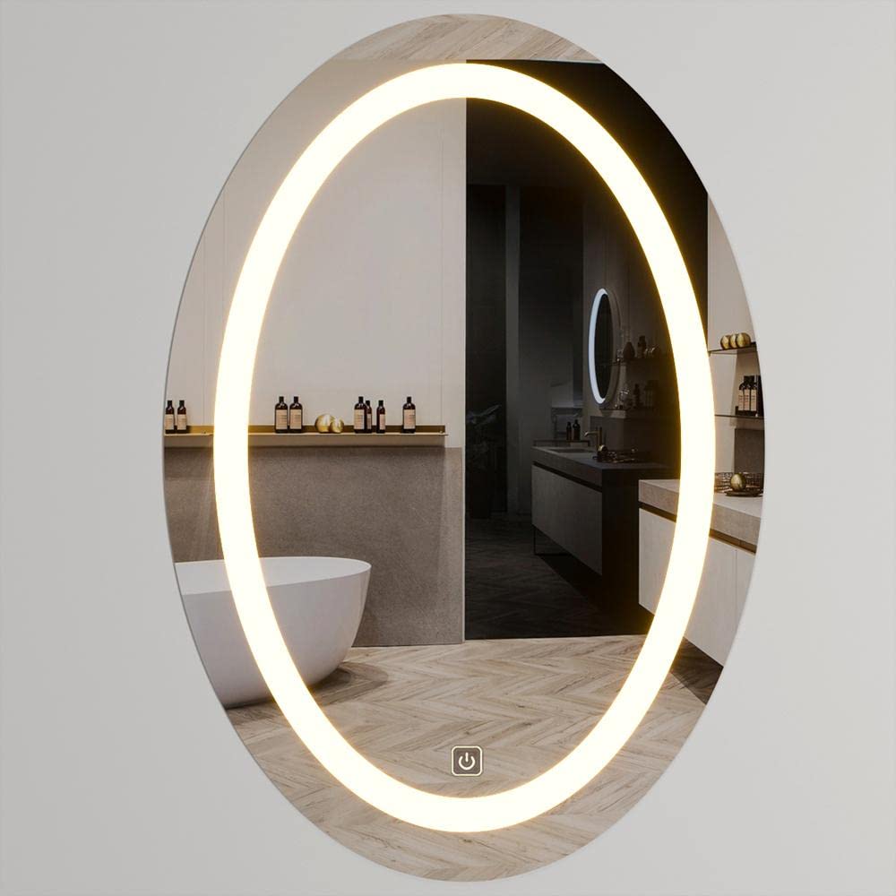 SmileSellersLED Oval Wall Mirror with Touch Sensor, Warm Light, Cool Day Light & White Light | Modern Backlit Bathroom, Bedroom & Living Room Mirror (24x18 Inch,Framed)