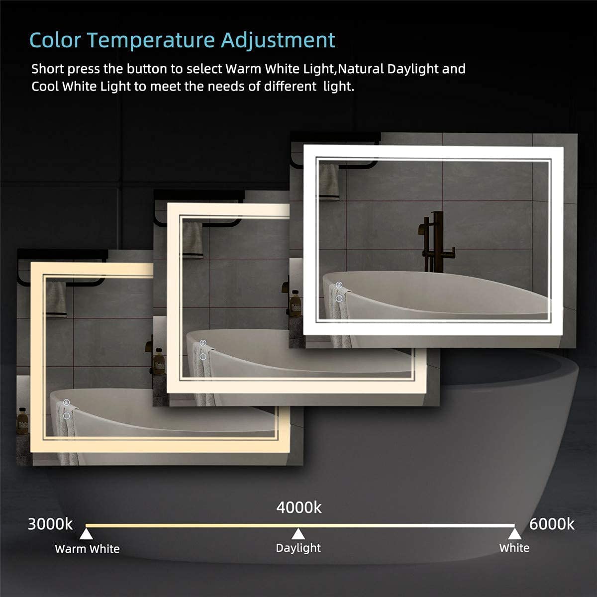 SmileSellers Glass LED Wall Mirror with Touch Sensor, Warm Light, Cool Day Light & Dimmer | Premium Framed Rectangular Bathroom, Bedroom & Living Room Mirror (24x18 Inch, 3 Light)