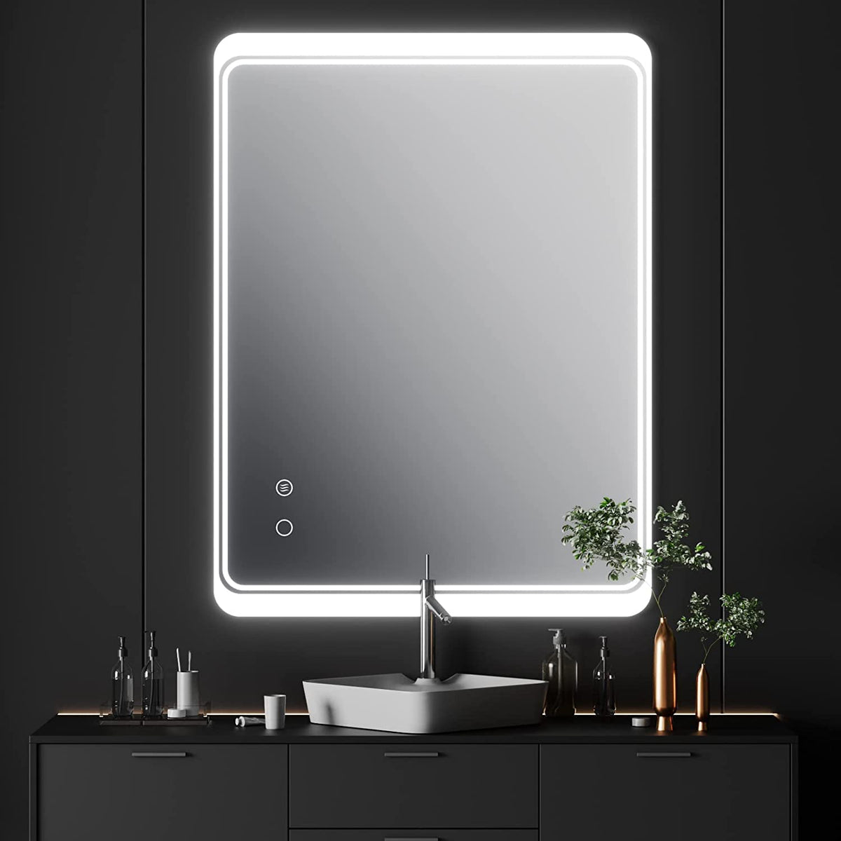 SmileSellers Glam Glass LED Bathroom Mirror withWarm Light + White Light + Cool Day Light-Wall Mounted Backlit-24x18 Inch, For Home office Decor
