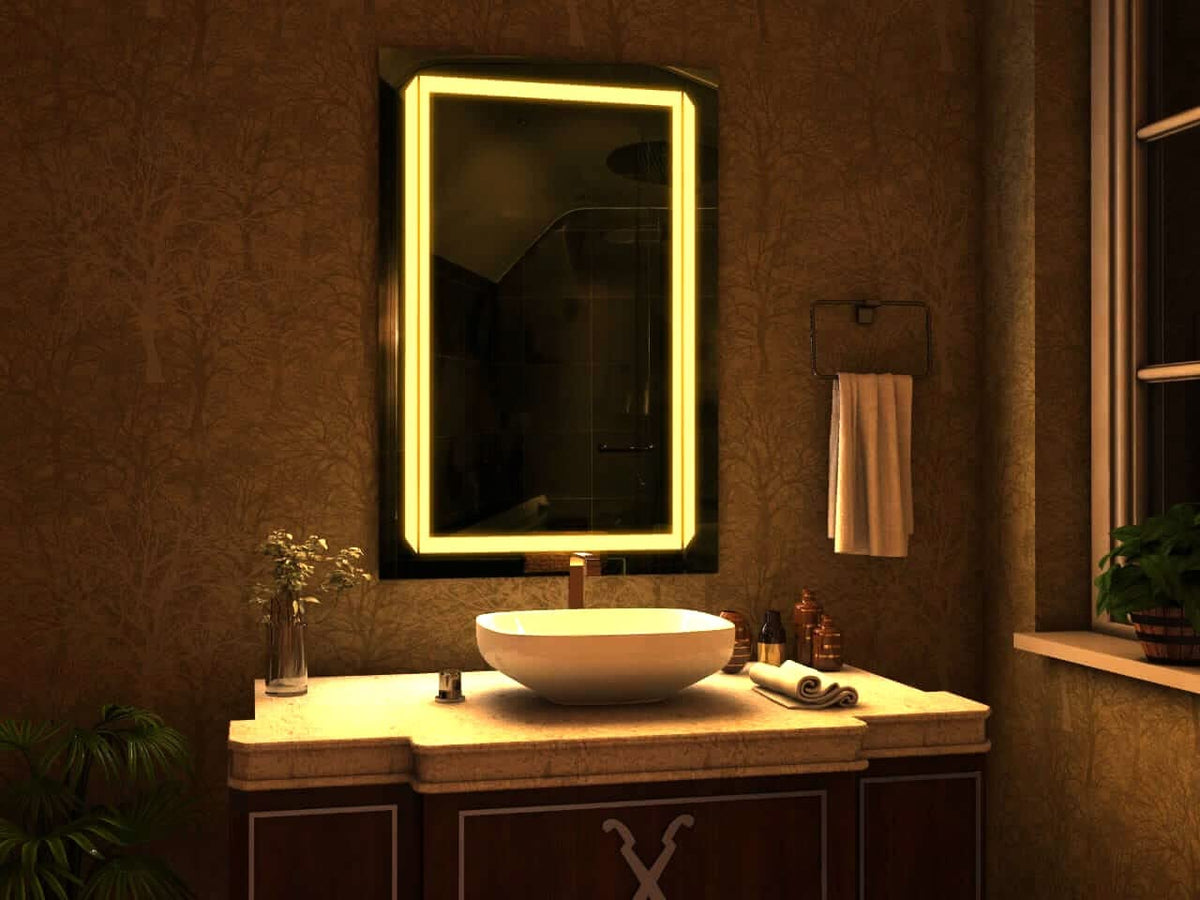 SmileSellers Glass LED Wall Mirror with Touch Sensor, Warm Light, Cool Day Light & Dimmer | Premium Framed Rectangular Bathroom, Bedroom & Living Room Mirror (24x18 Inch, 3 Light)