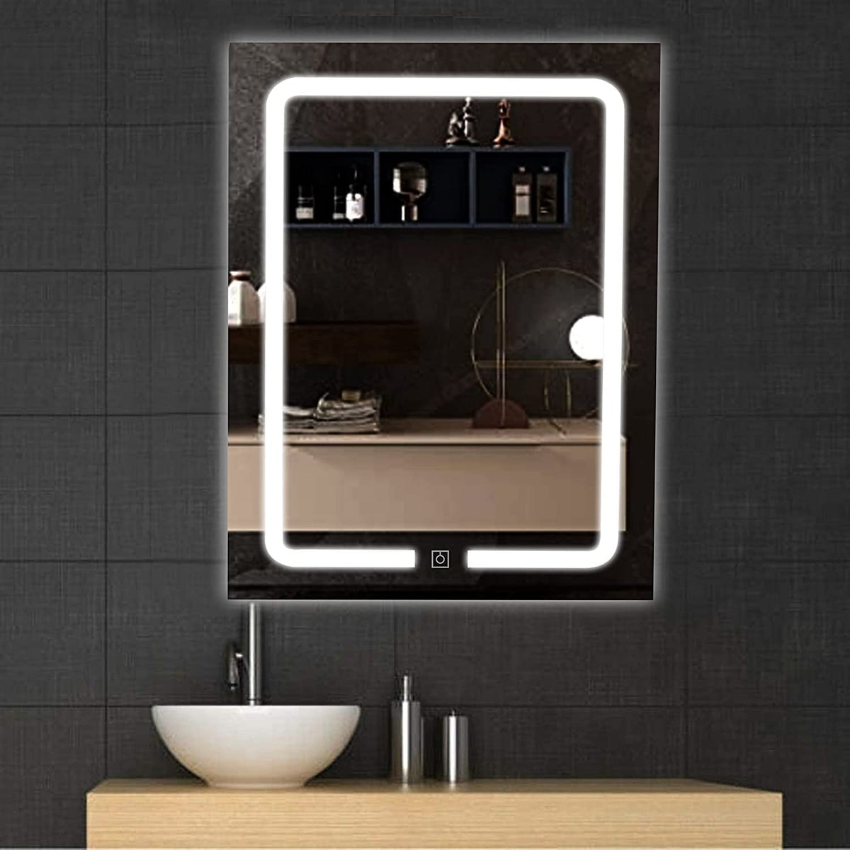 SmileSellers Rectangular LED Wall Mirror with Touch Sensor, 3 Light Modes & Backlit Illumination | Framed Bathroom & Bedroom Mirror, Wall Mounted (18x24 Inch)