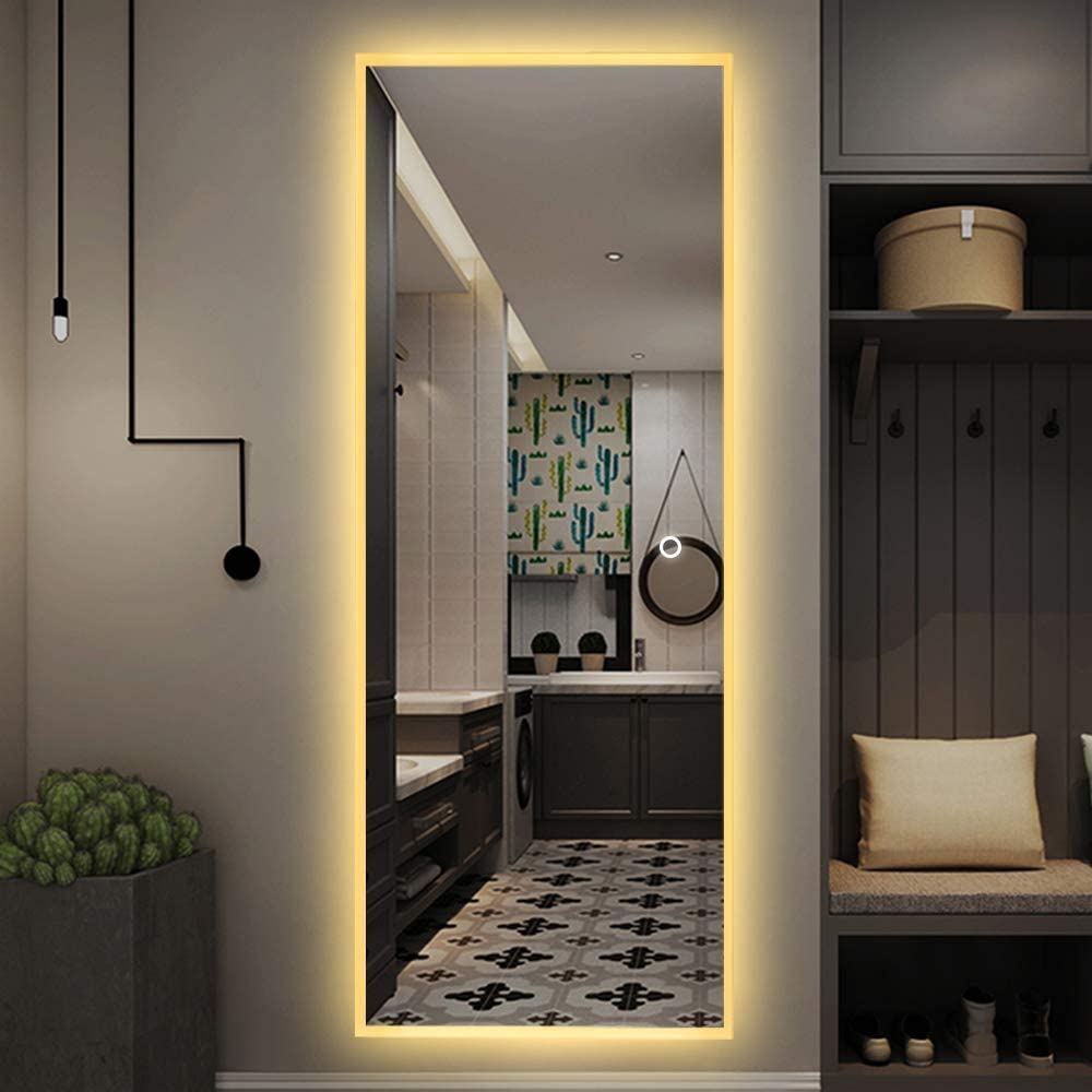 SmileSellers LED Mirror Dressing Mirror Large Rectangle Bedroom Bathroom Living Room Mirrors with Touch Button and Plug, Dimmable Lighting, Stepless Dimming, Burst-Proof Glass