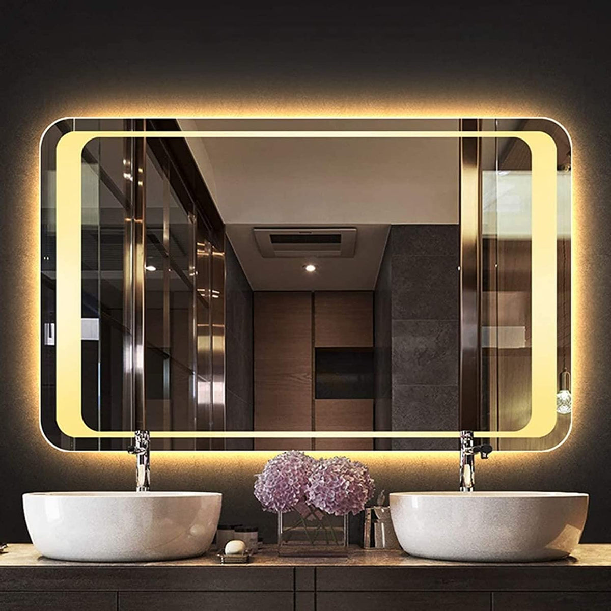 SmileSellers LED Rectangular Wall Mirror with Warm Light & Backlit Illumination | Framed Glass Mirror for Bathroom, Bedroom, Office & Home Décor (24x36 Inch, Wall Mounted)