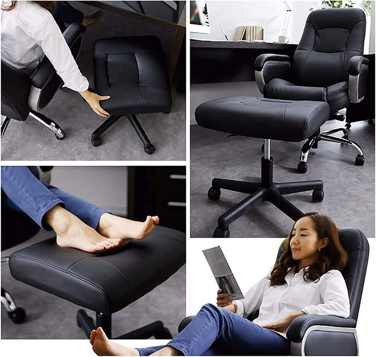 SmileSellers Hydraulic Adjustable Height Rolling Stool, Footstool with PU Leather, Footrest Ottoman Stool, Foot Rest for Office, Spa Facial Massage Tattoo Stool, (Black)