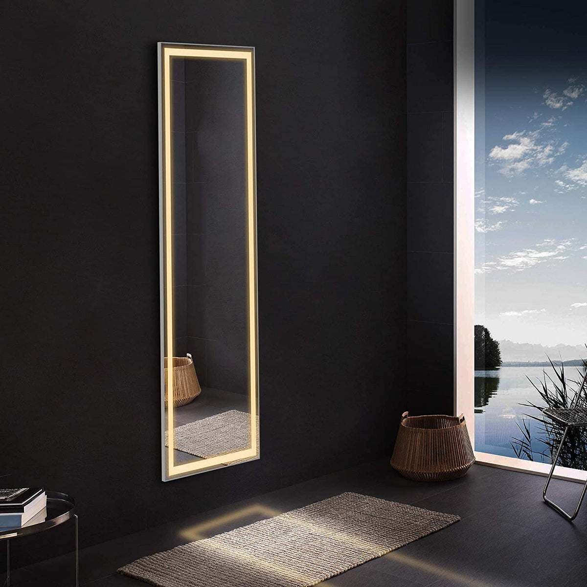 SmileSellers Glass 3D Beautiful Modern Designed LED Glass Mirror With White light +Warm Light+ Cool Day Light + DimmerLED Mirror (18x48)