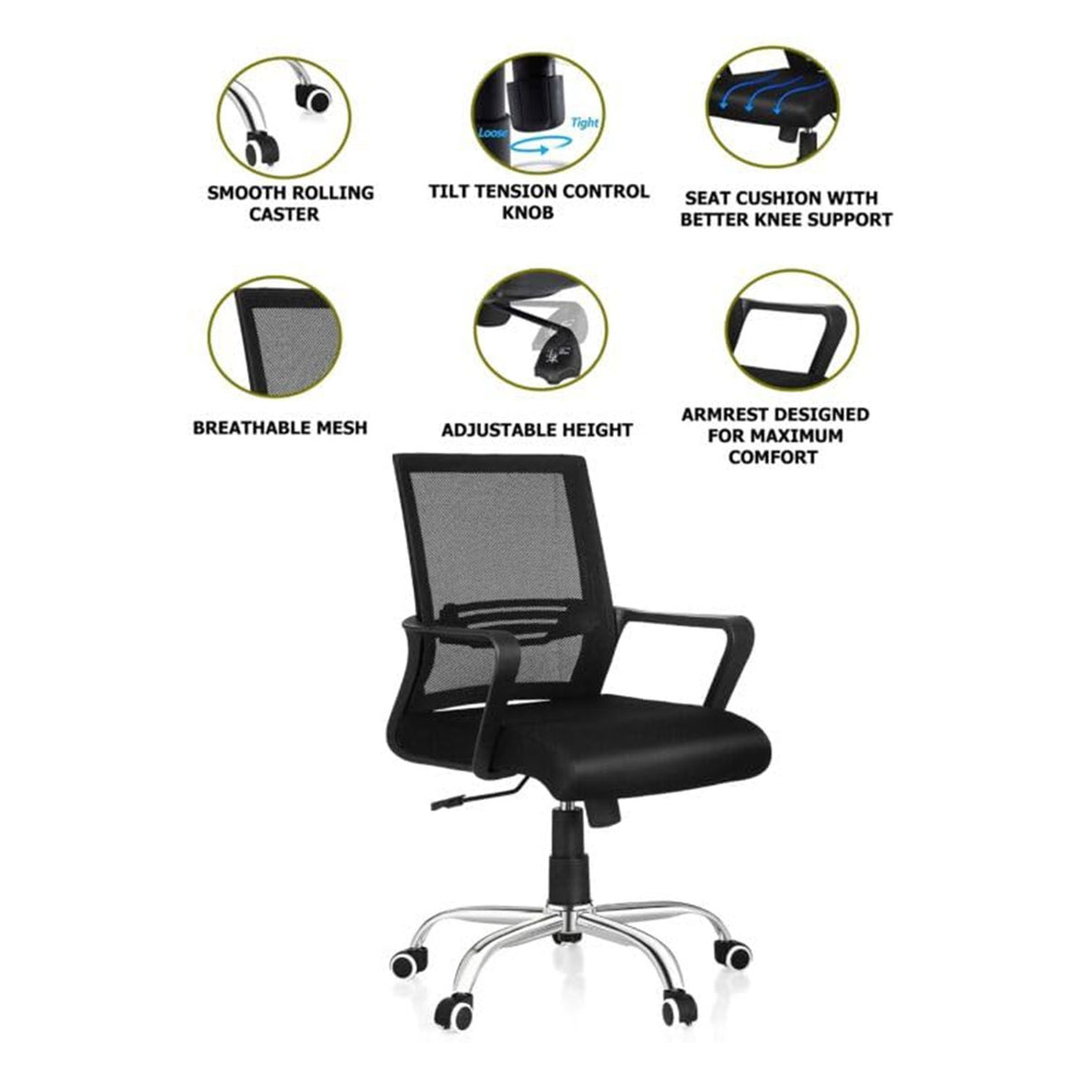 SmileSellers Chorus Nylon Mesh Mid-Back Ergonomic Desk Office Chair with Tilting Mechanism, Comfortable Seat, and Revolving Heavy Duty Metal Base | Ideal for Work from Home & Study