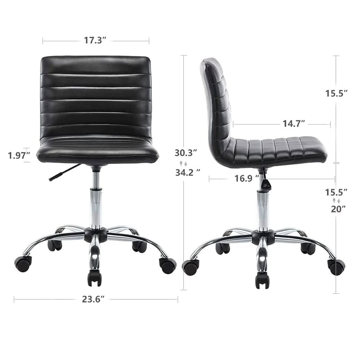 SmileSellers Armless Office Chair, Armless Desk Chair Ribbed Home Office Desk Chairs with Wheels, Faux Leather Office Chair Adjustable Task Chair, Mid Back Swivel Computer Chair