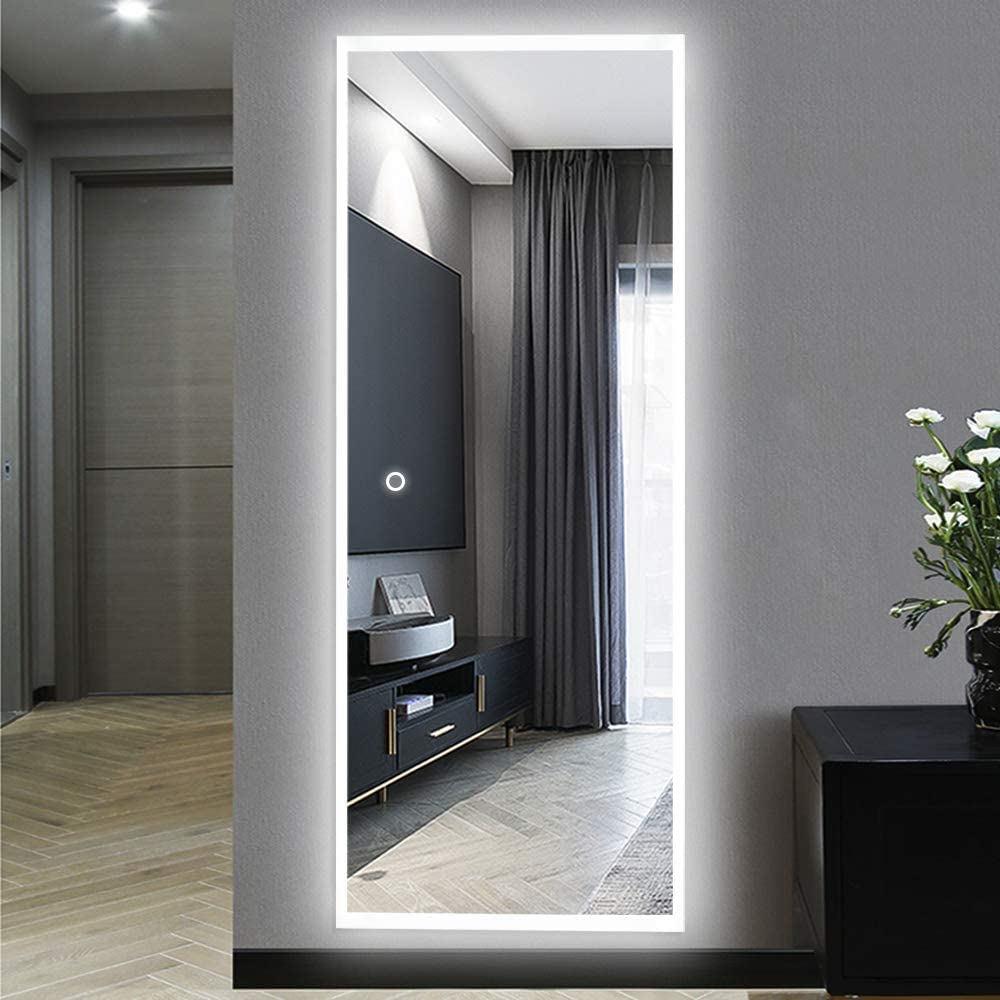SmileSellers LED Mirror Dressing Mirror Large Rectangle Bedroom Bathroom Living Room Mirrors with Touch Button and Plug, Dimmable Lighting, Stepless Dimming, Burst-Proof Glass