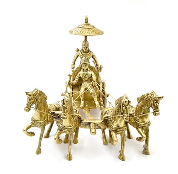 smilesellers Brass krishna arjun chariot in glass box