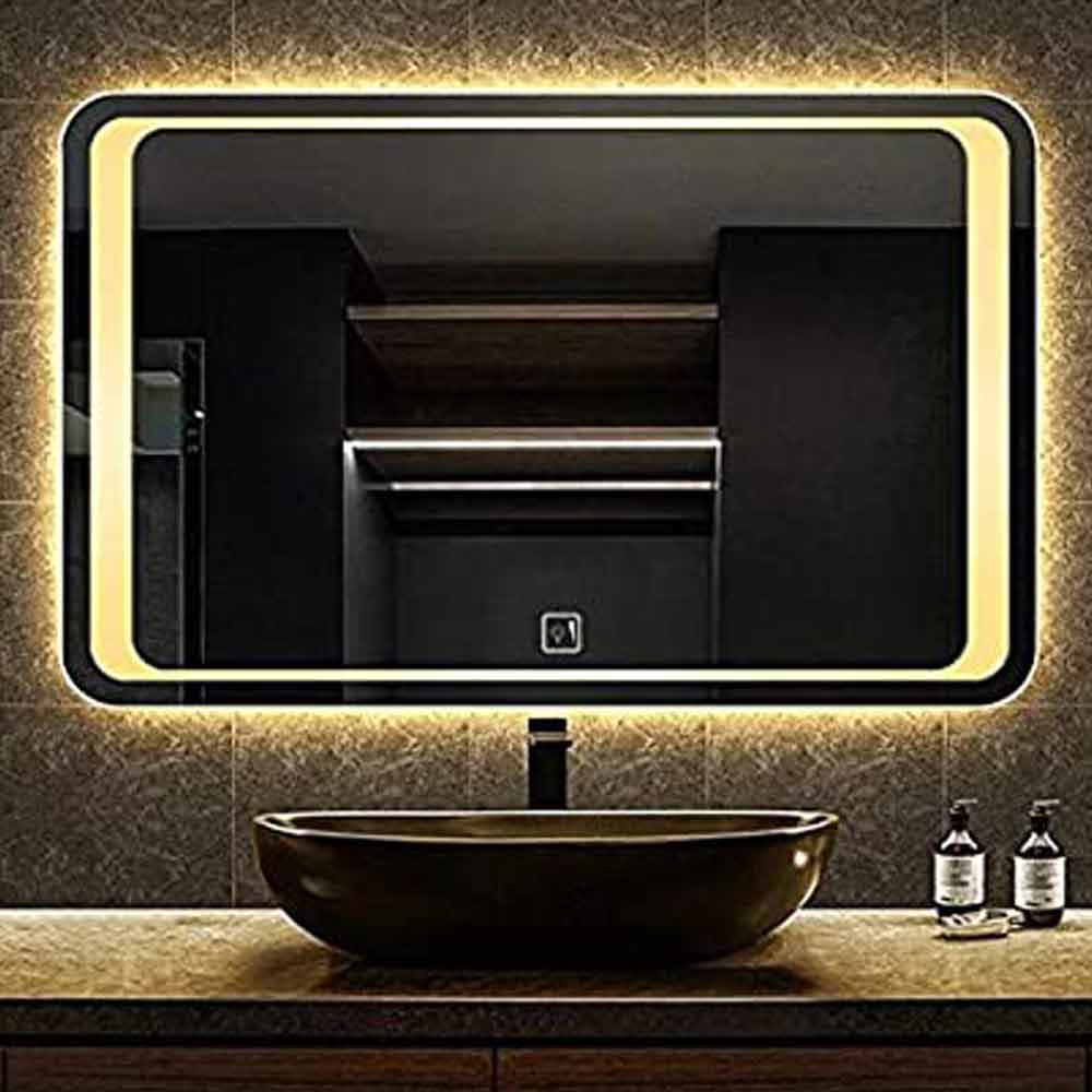 SmileSellers Glam Glass LED Bathroom Mirror withWarm Light + White Light + Cool Day Light-Wall Mounted Backlit-24x18 Inch, For Home office Decor