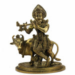 SmileSellers Krishna with Cow Figurine Hindu God Statue Brass Sculpture Krishna Idol Brass Idol of Lord Krishna and Calf