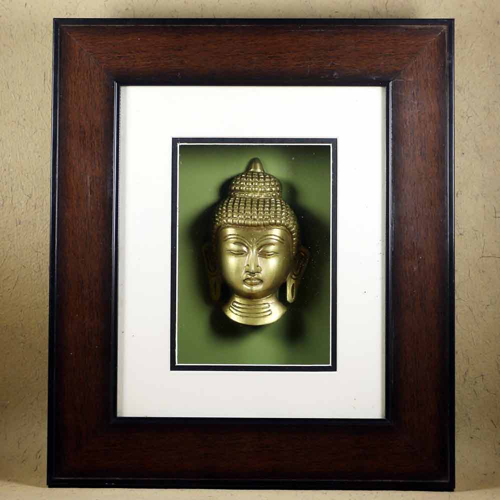 SmileSellers Hand Made Brass Head of Buddha inglass and wooden frame