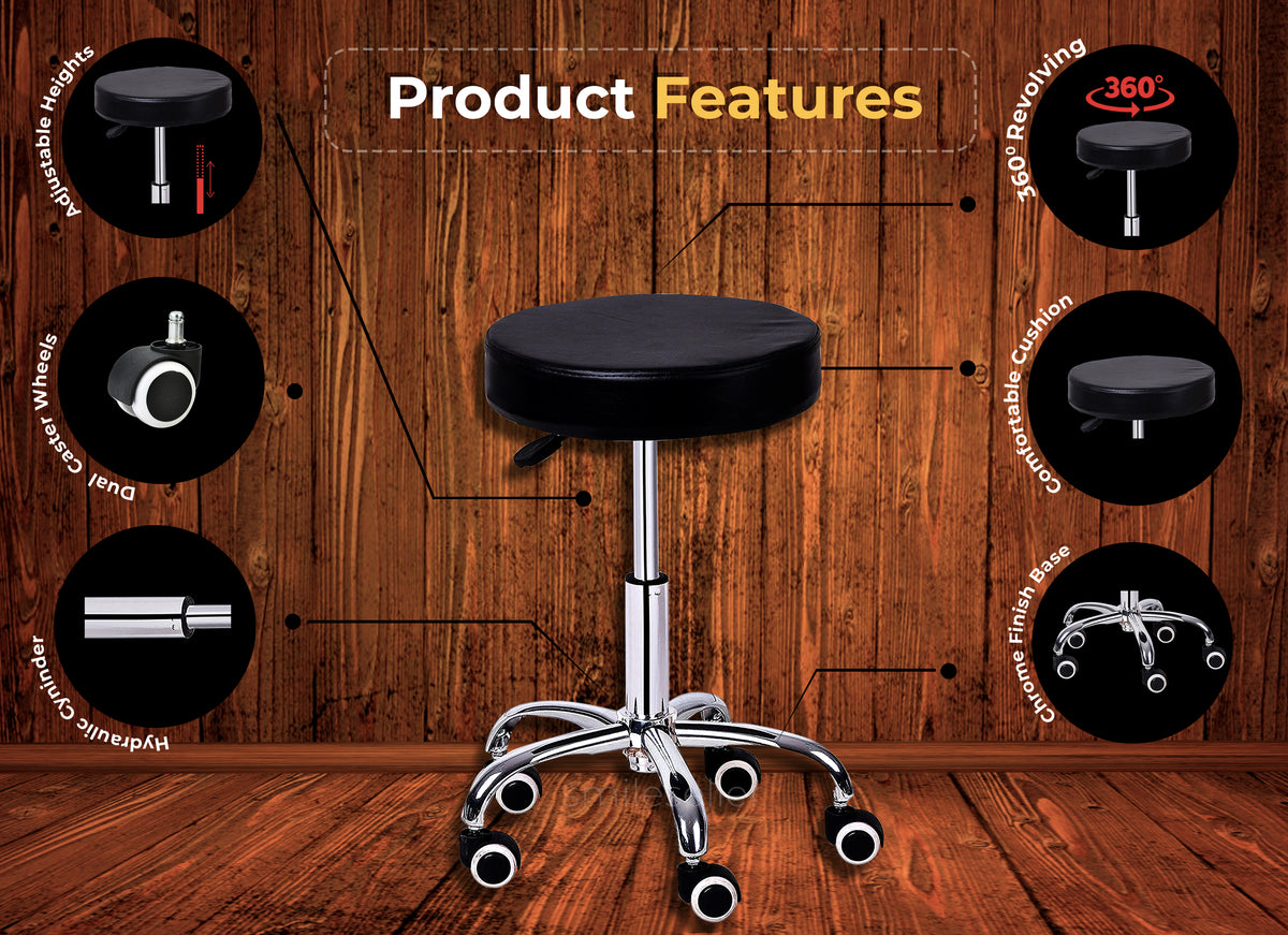 Height-Adjustable revolving Stool with 360-degree pivoting caster wheels |great for use in Salons, Bar, Schools, Hospital, Offices, Warehouses, Home or garage | black coloured | height extendable from 17 inch to 22 inch