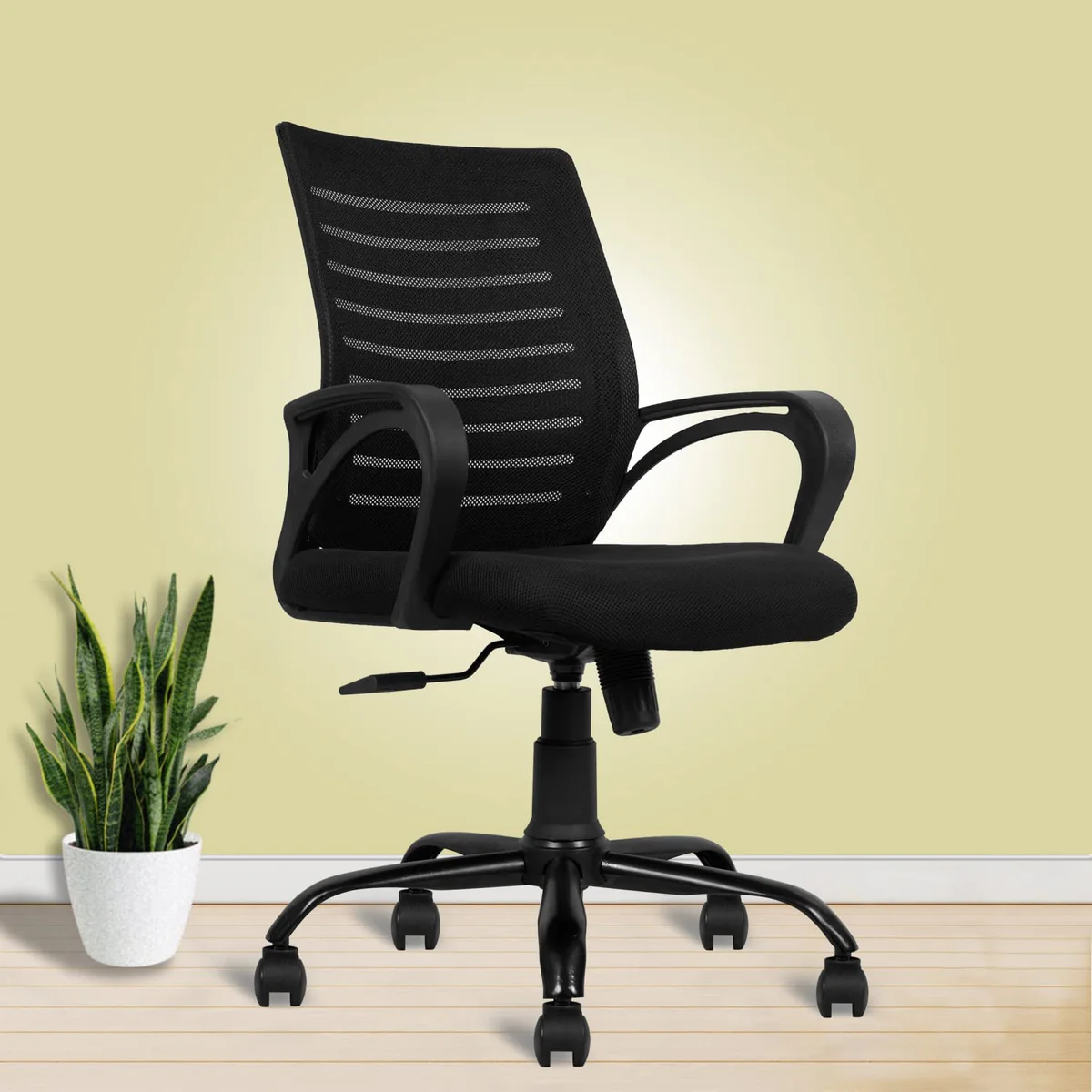 SmileSellers Boom Ergonomic Mesh Mid-Back Office Chair with Adjustable Height, Tilt Lock, Cushioned Seat & Heavy-Duty Revolving Base | Comfortable Desk Chair for Work from Home, Study & Office Use ,Balck